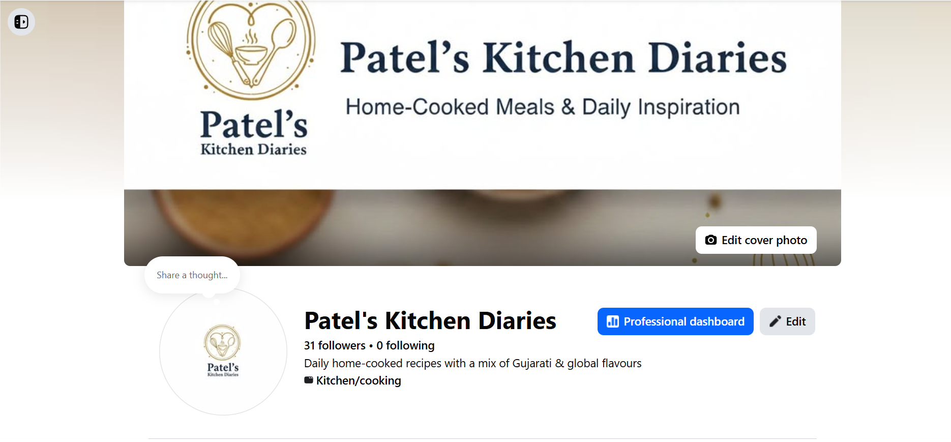 Patel’s Kitchen Diaries Instagram profile showcasing home cooking content and social media branding